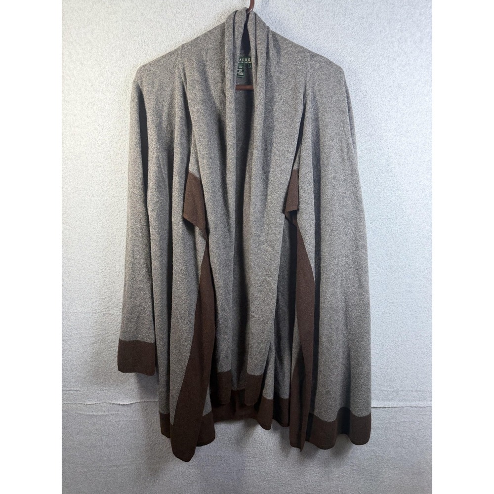 Lauren Ralph Lauren Cardigan Womens Large Gray Brown Open Front Wool Cashmere